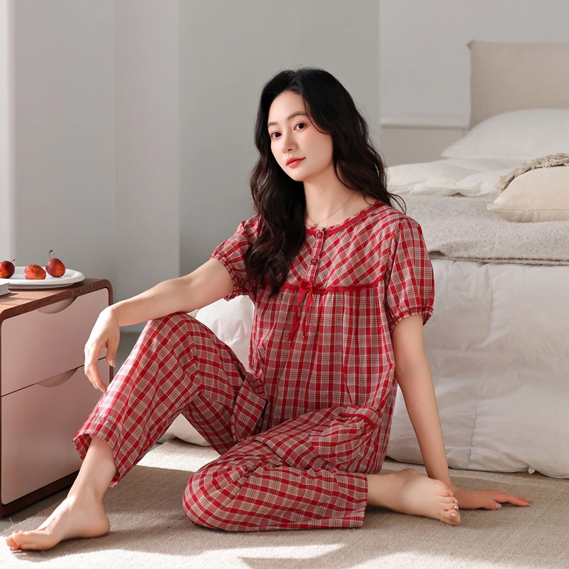 薄款女款2025新款夏季纯棉女士格子短袖长裤套装睡衣可外穿家居服