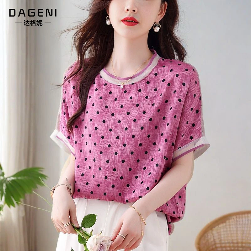 时尚印花波点缎面雪纺衫女短袖t恤夏季新款宽松显瘦上衣洋气小衫