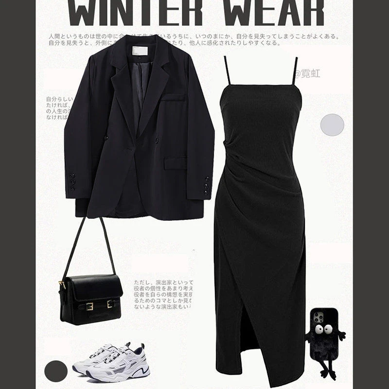 秋季套装女2025新款时尚高级感黑色西装外套显瘦吊带连衣裙两件套