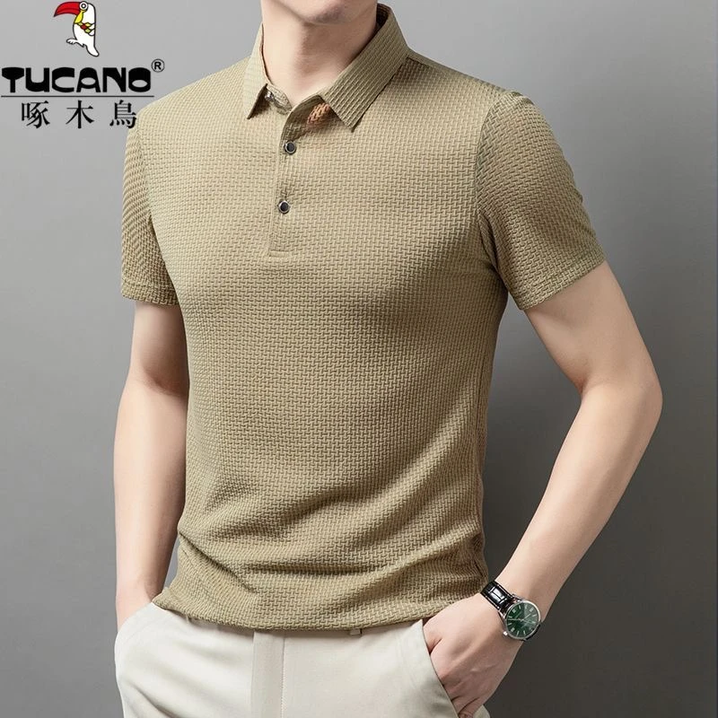 啄木鸟夏季新款男士冰丝短袖网眼高端T恤爸爸装纯色polo半袖衣服