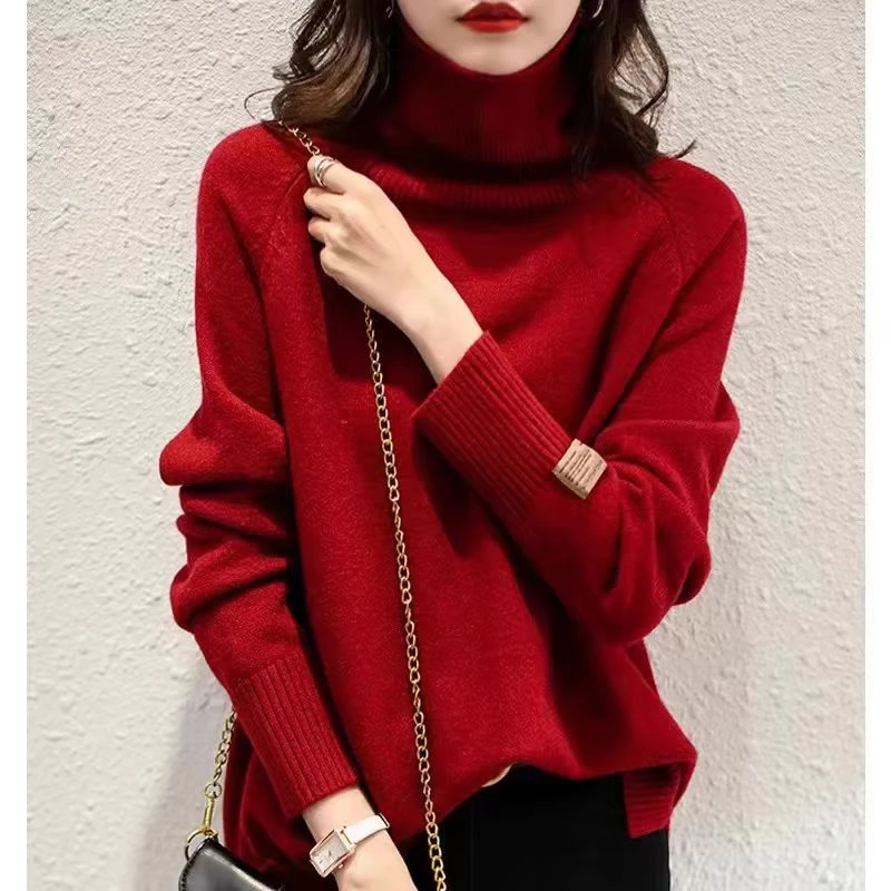 安可拉红高领毛衣女2025秋冬新款洋气高级感加厚套头打底针织上衣