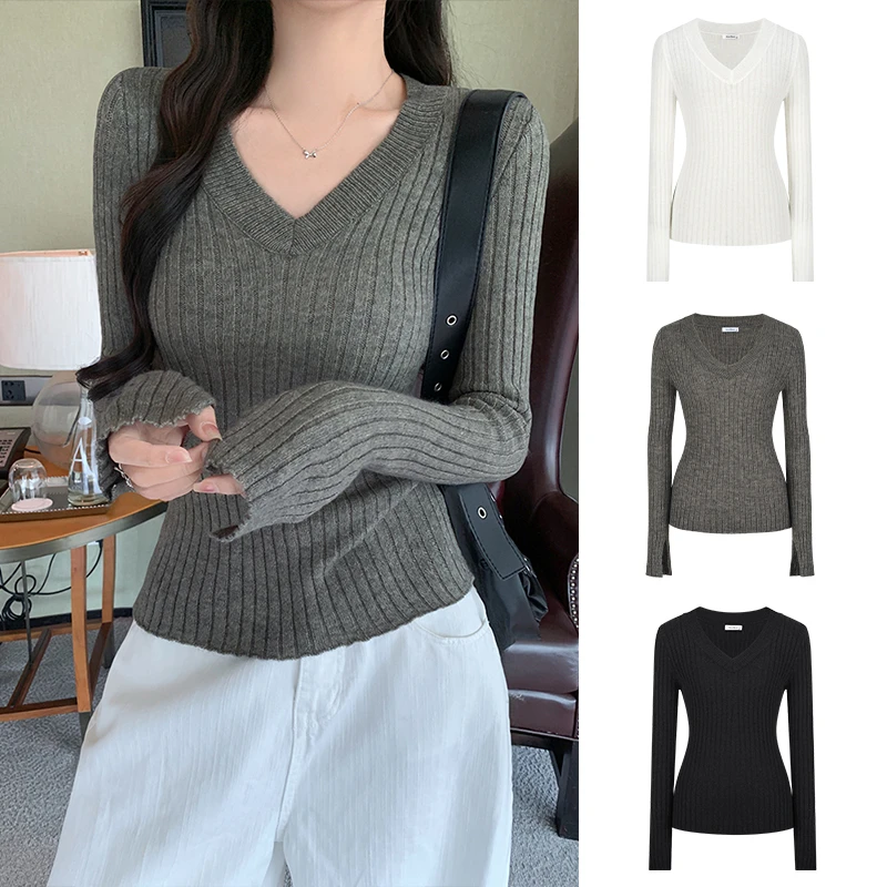 MosesQueen/魔西女王绿色v领坑条针织衫收腰显瘦长袖打底衫上衣