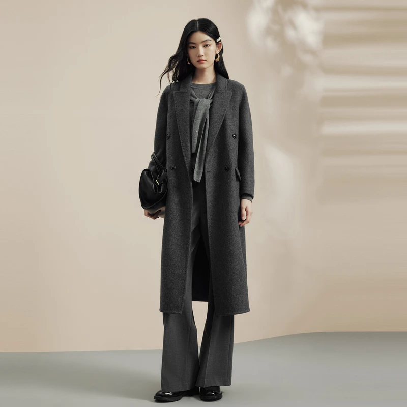 【专柜同款】时尚长大衣深灰色宽松加厚冬季羊毛混纺双排扣大衣