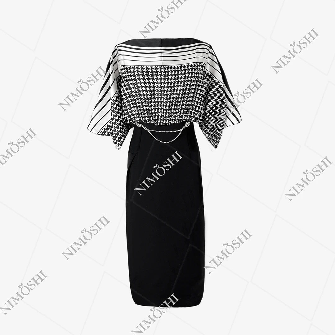 NIMOSHI莎莎高级感拼接条纹一字领新款收腰显瘦假两件长裙Q1603