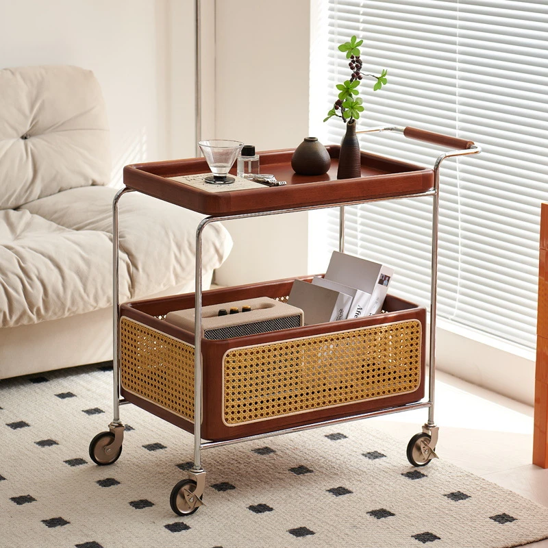 中古风实木小推车收纳架双层托盘收纳筐可移动带扶手置物架小推车