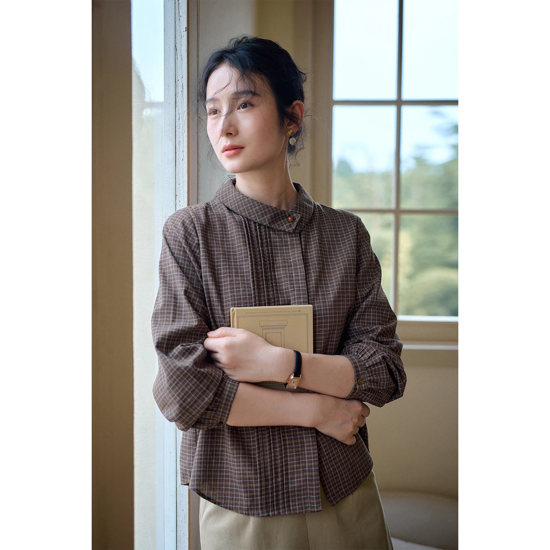 红念咖色复古格子衬衫女长袖设计感宽松2025秋季新款女装气质上衣