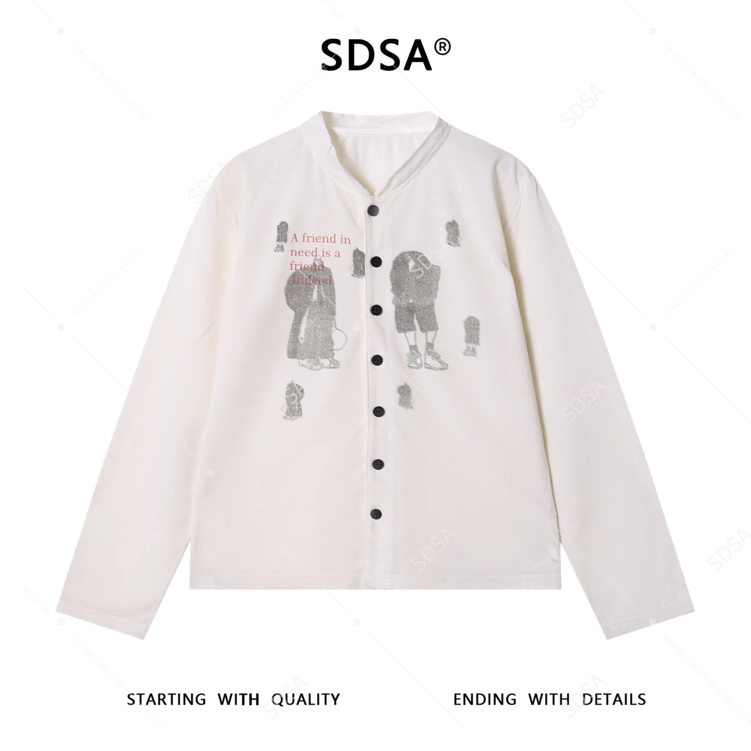 SDSA男士秋冬新款痞帅男装撞色印花字母纽扣开衫T恤网红款上衣