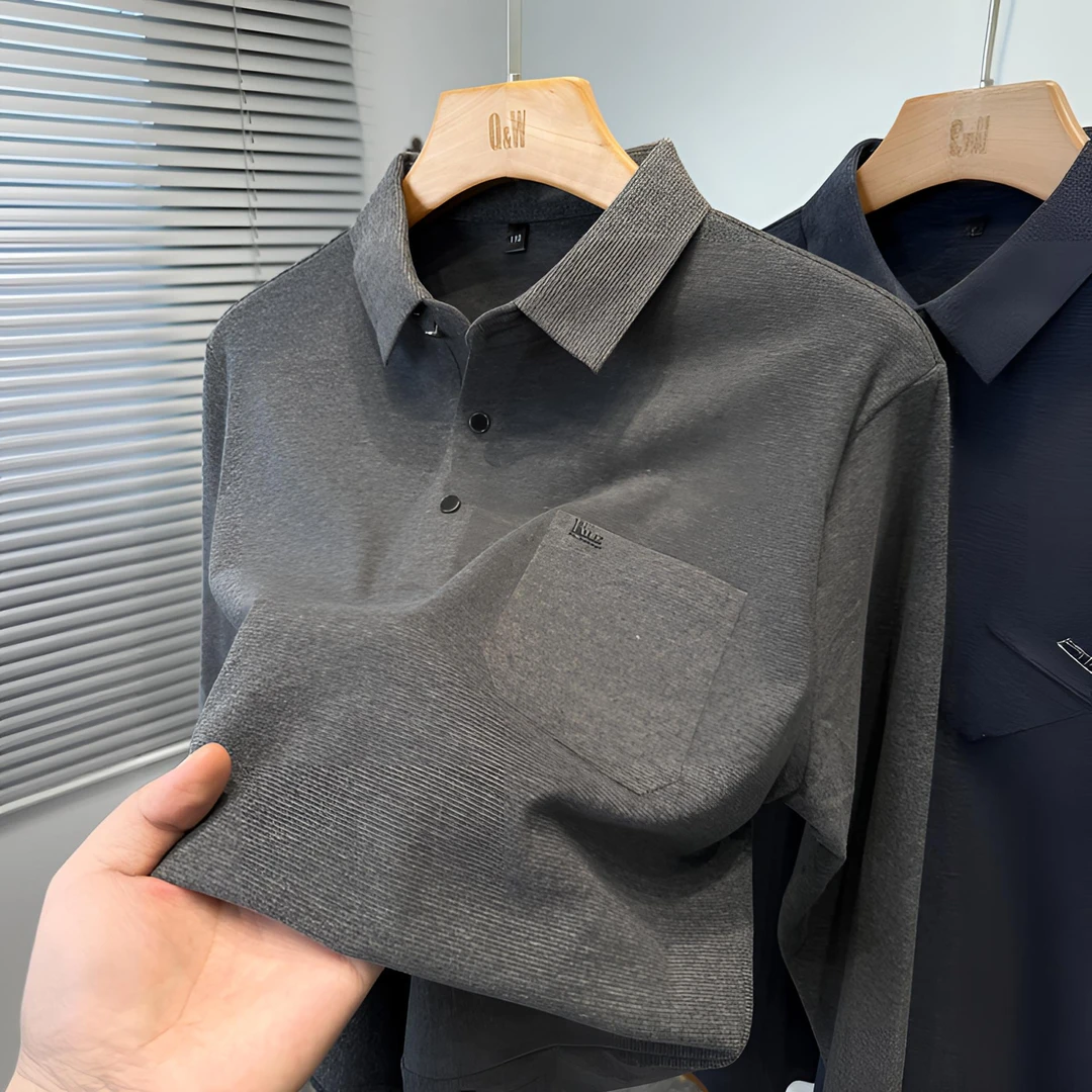 PinkAvril双面磨毛长袖t恤男翻领秋季中年爸爸装衬衫领polo衫上衣