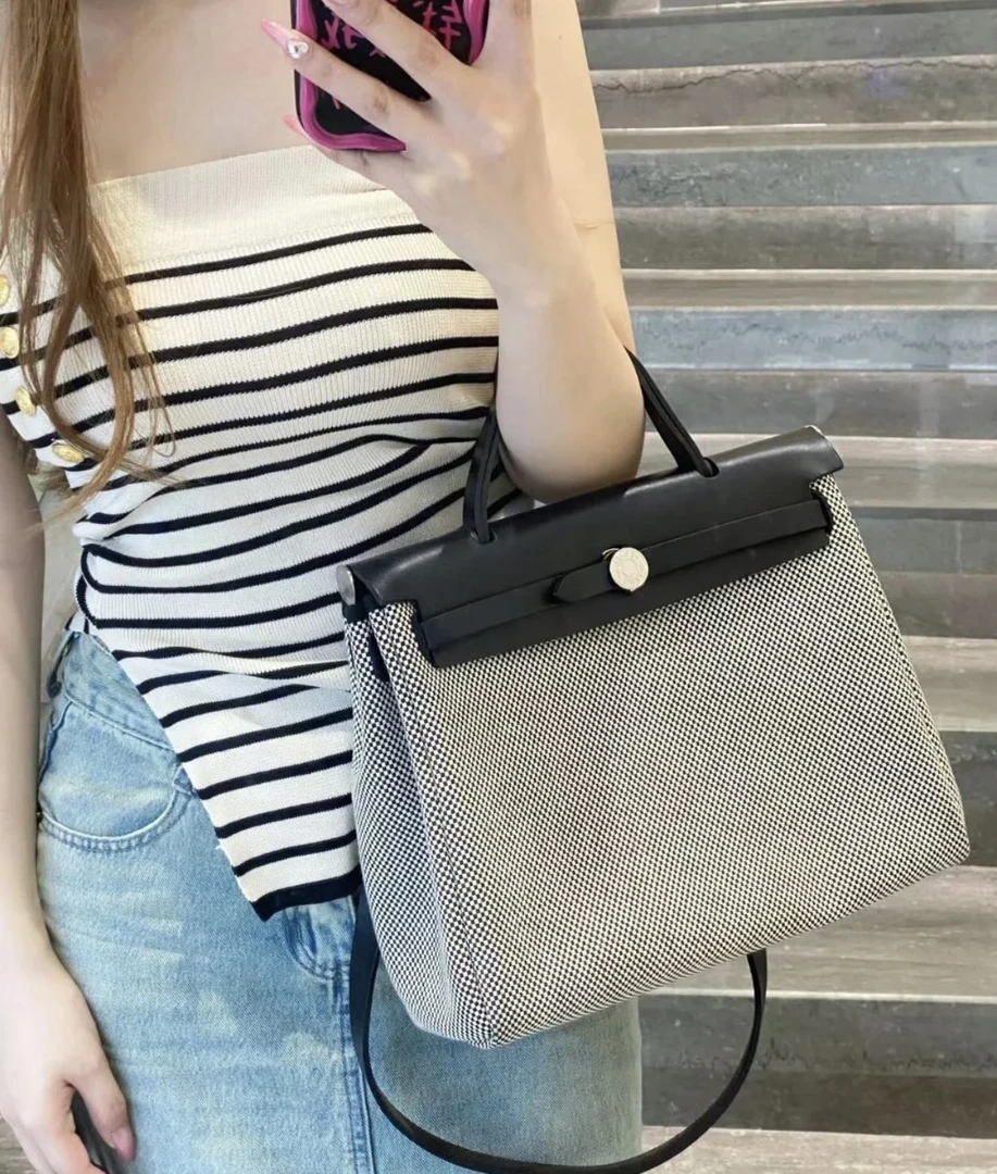 95新 Hermes/爱马仕 3738 黑白熊猫编织herbag31手提斜挎包B刻