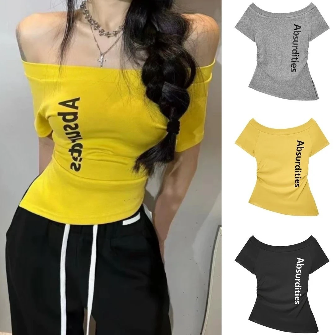 美式字母印花收腰不规则T恤女夏2025夏季新款辣妹时尚修身设计感