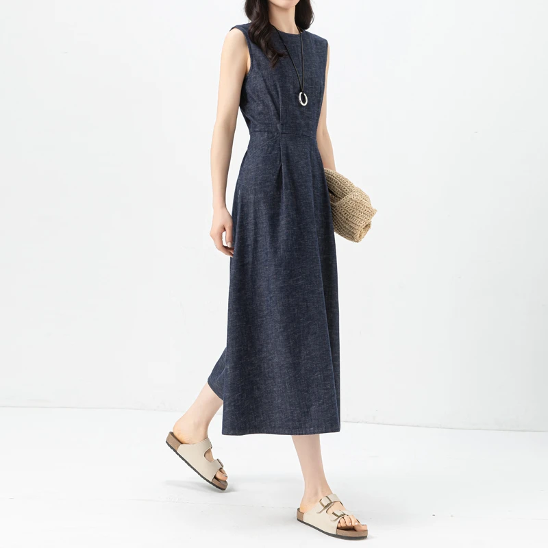 牛仔裙2025新款薄款收腰显瘦连衣裙夏季纯色裙子圆领无袖气质长裙