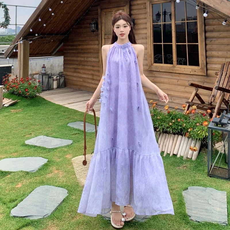 hmdd6217大码女装2025夏季新款韩系立体花朵紫色挂脖度假风连衣裙