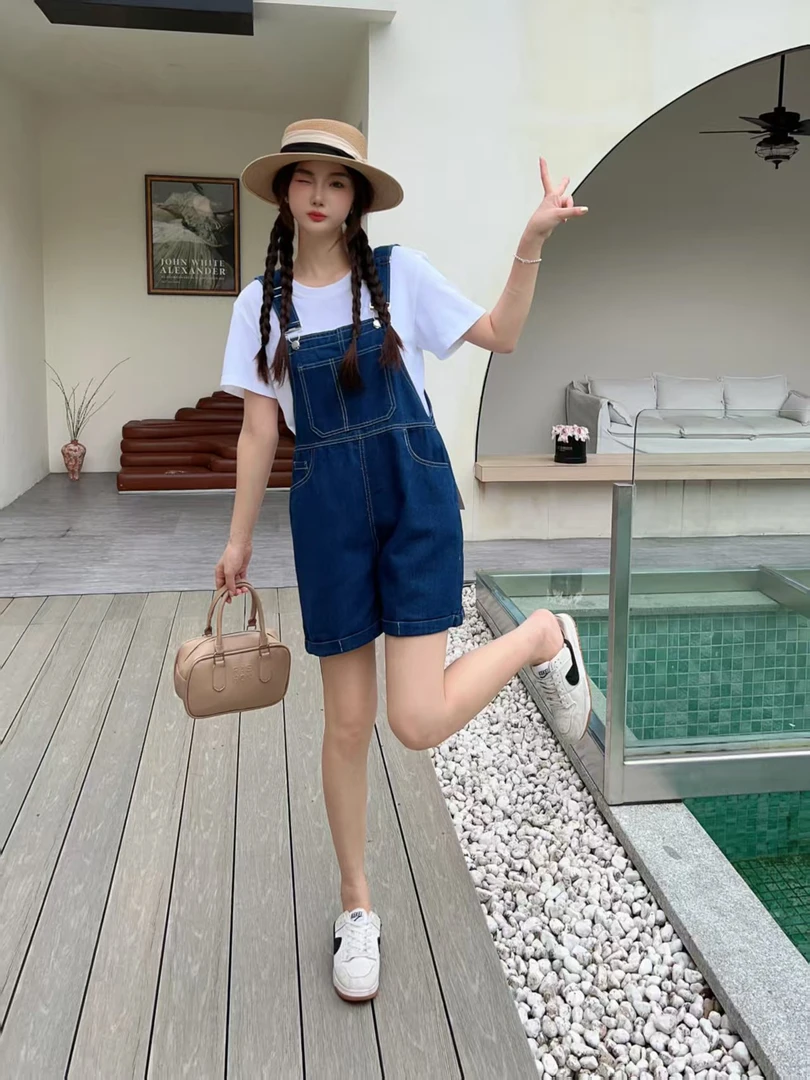 【哲妈女装】牛仔背带短裤五分中裤子8802