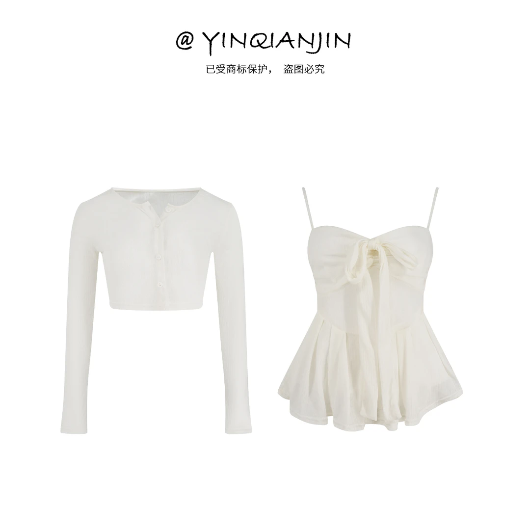 *尹千金*【白山茶】jennie感温柔风白色针织开衫背心两件套S256102