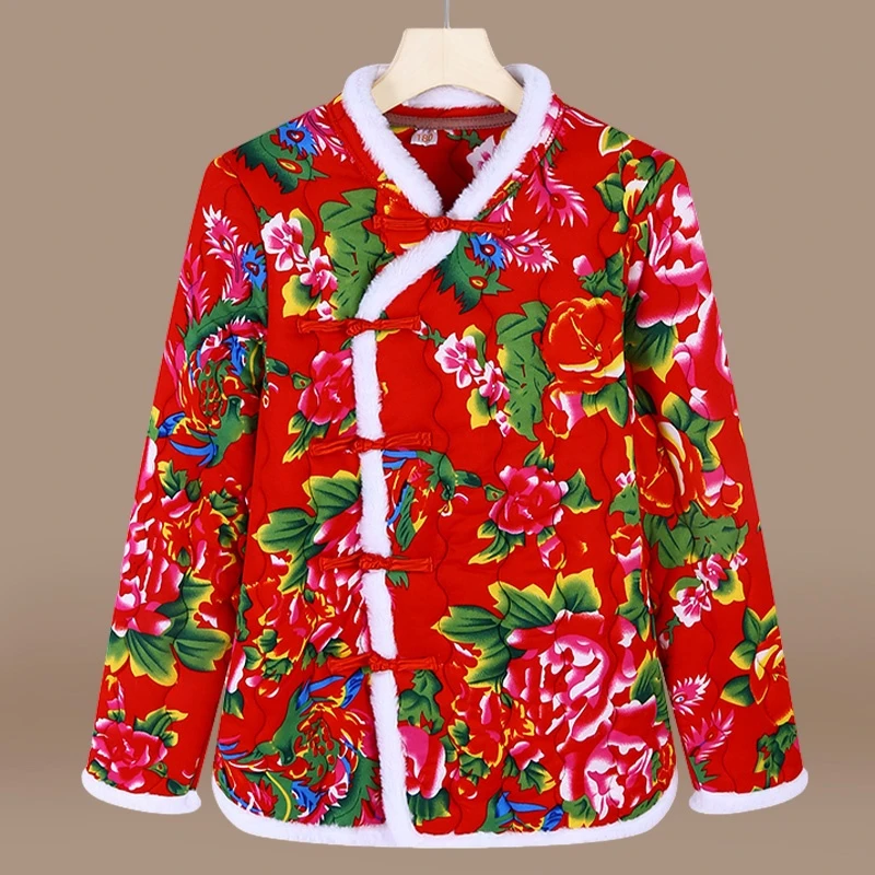 妈妈民族风东北花棉袄中老年人女装加绒加厚复古盘扣棉服保暖棉衣