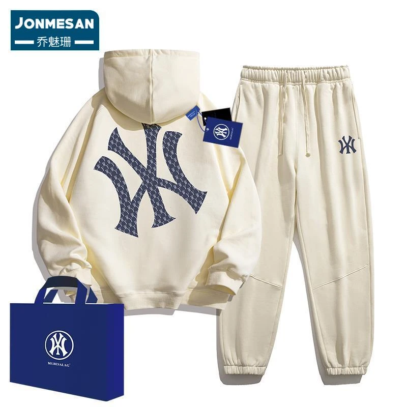 高端新款印花时尚百搭套装男春秋季加绒情侣宽松运动潮两件套