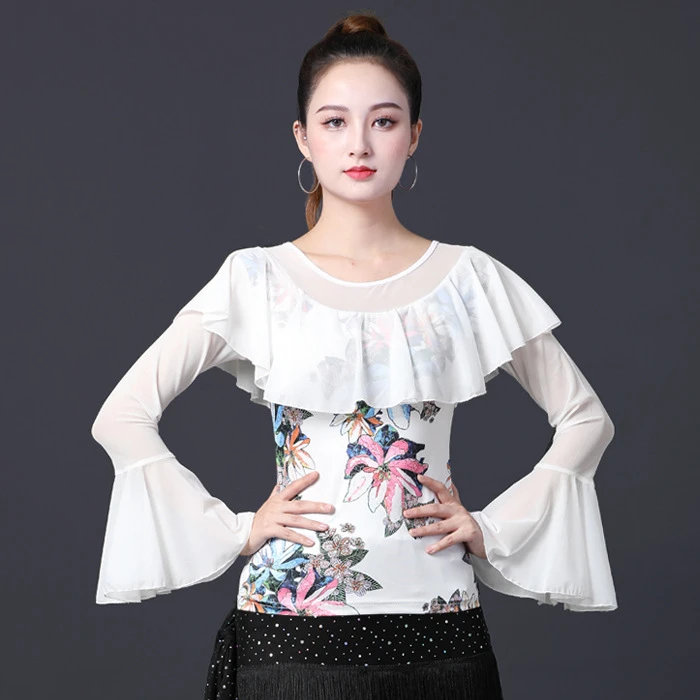 广场舞服装新款喇叭袖上衣拉丁舞服成人女国标摩登舞跳舞衣华尔兹