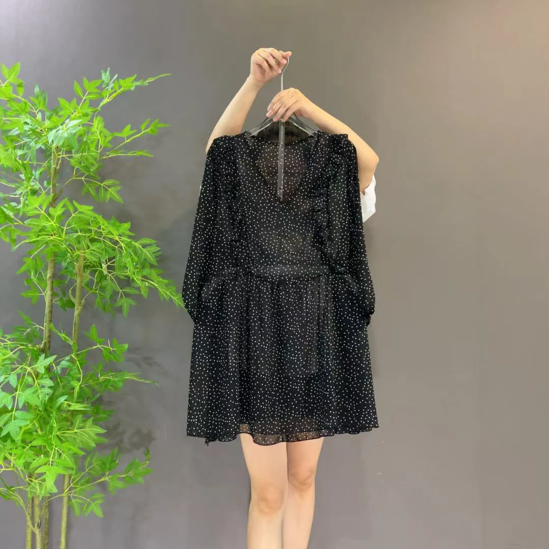 波点夏季欧货新款时尚气质轻薄V领碎花显瘦中长款花衫长袖黑色