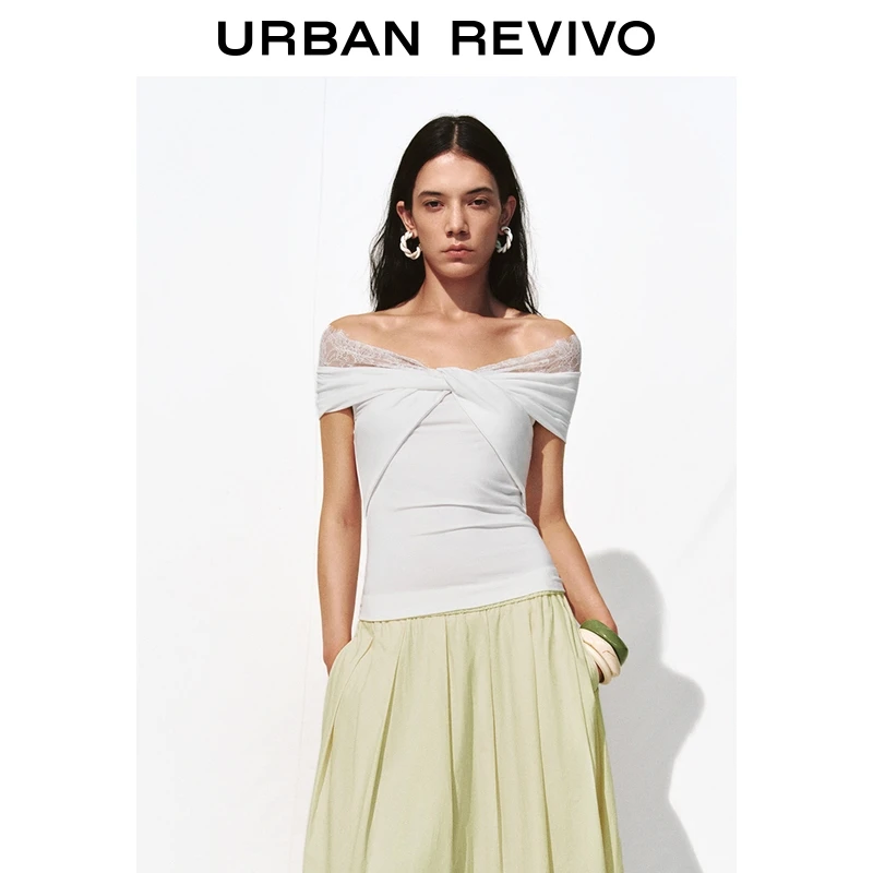 UR2025夏季新款女装设计感扭结蕾丝边一字领修身T恤UWH450083