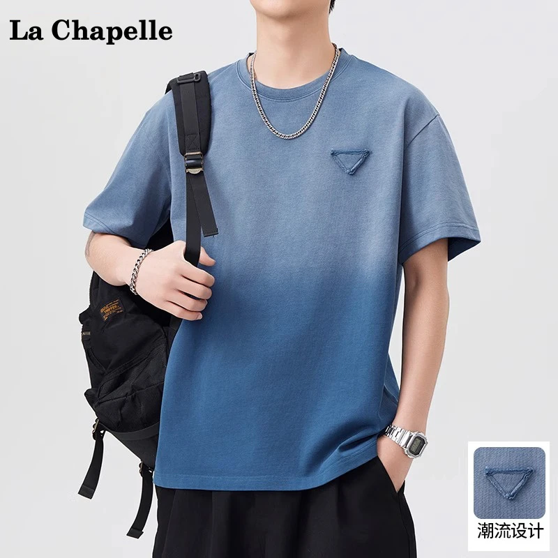 拉夏贝尔纯棉渐变短袖T恤男士夏季休闲宽松圆领时尚百搭半袖上衣