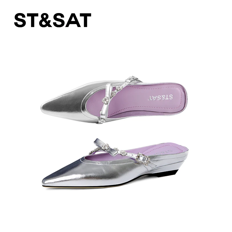 St&Sat/星期六时尚水钻尖头单鞋穆勒鞋包头蝴蝶结百搭气质跟鞋