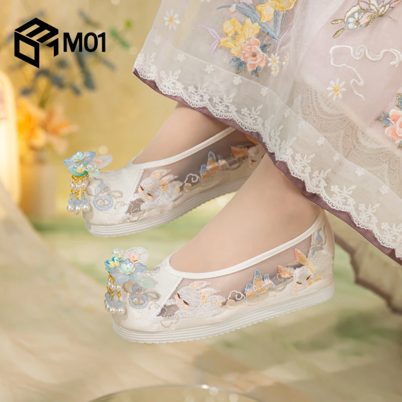 M01汉服鞋女夏季手工串珠网纱翘头履弓鞋配马面唐制古装绣花凉鞋