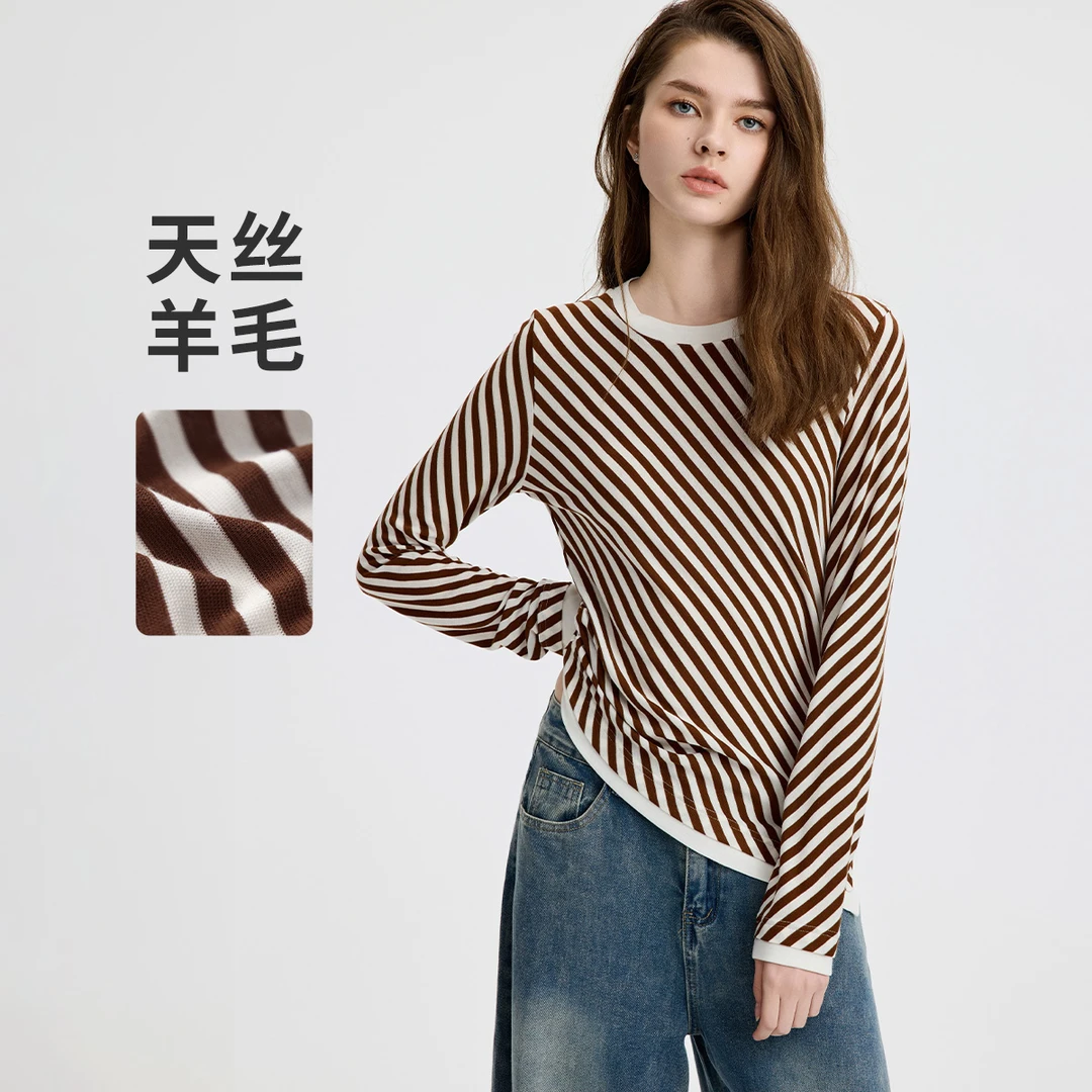 navigare意大利小帆船含天丝羊毛条纹长袖T恤女修身圆领春秋上衣