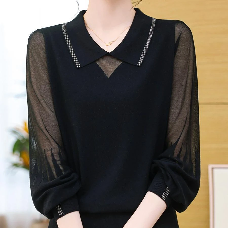 2025年春秋季新款蕾丝拼接设计感长袖翻领针织衫中年人百搭上衣