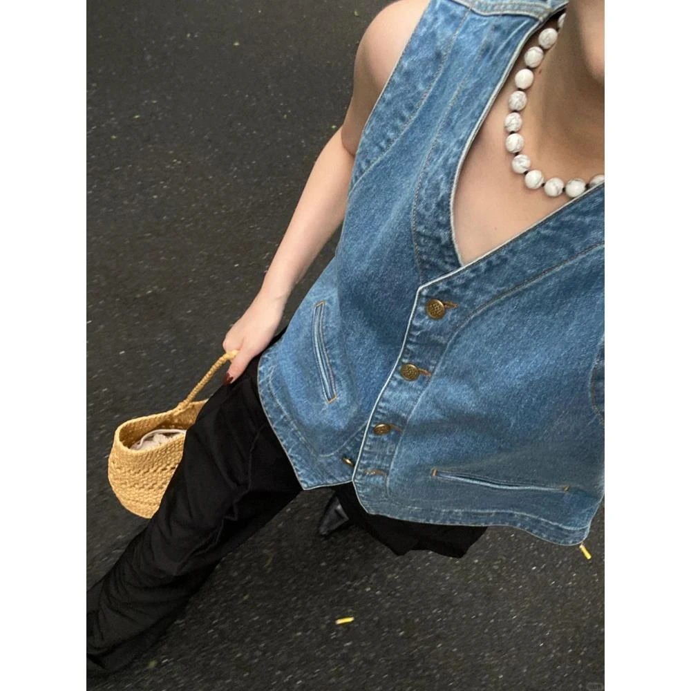 韩版洋气时尚休闲外搭坎肩背心女复古百搭时髦叠穿牛仔马甲外套