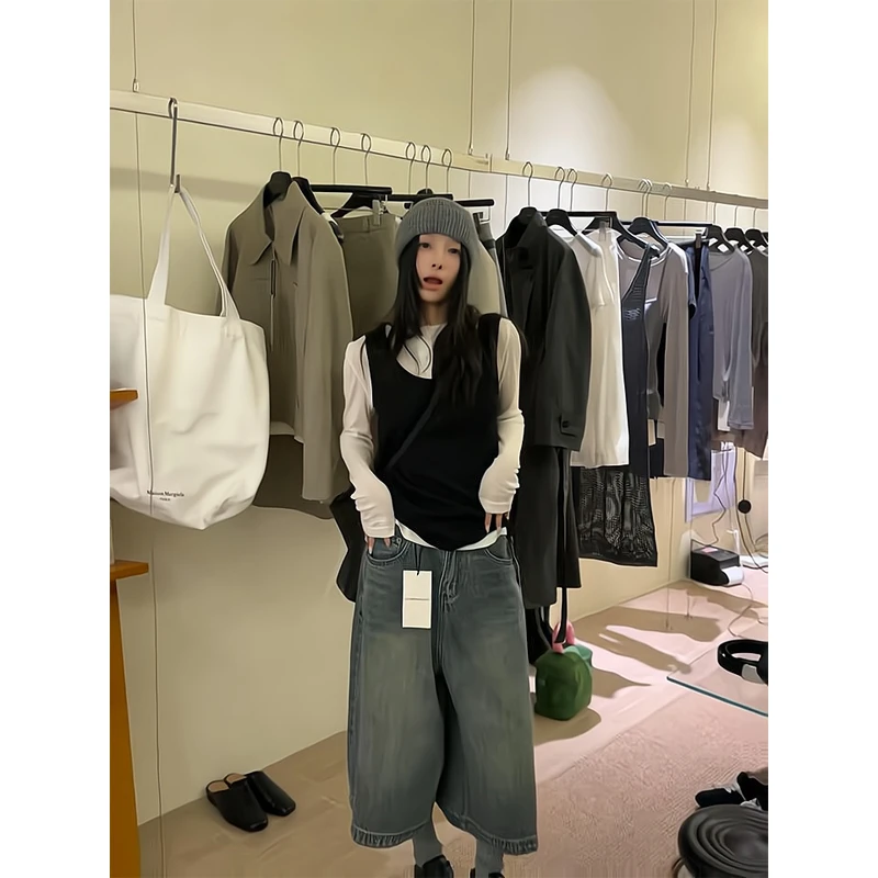 2025春夏独特绝美白色t恤衫无袖马甲背心牛仔九分裤高腰阔腿裤女