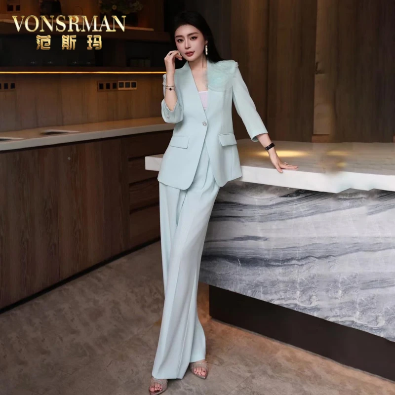 Vonsrman夏季七分袖气质通勤西装套装25胸花一粒扣西装外套直筒裤
