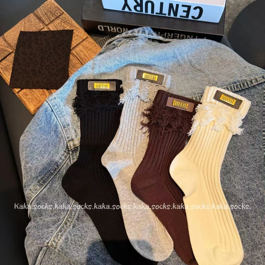 欧货破边【新潮】个性双针皮标金属感高级洋气时尚复古中筒堆堆袜