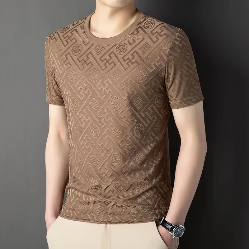 厂家直销夏季冰丝大码男士短袖T恤时尚百搭透气薄款潮流修身圆领