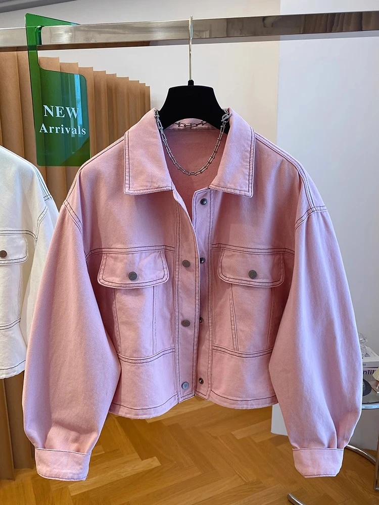 韩国东大门粉色牛仔外套女短款2025开春新款宽松明线牛仔夹克上衣