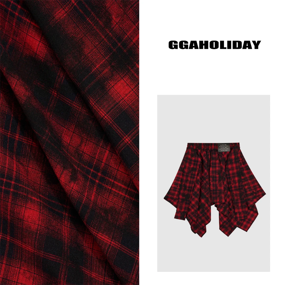 GGAHOLIDAY夏季时尚休闲复古显瘦宽松百搭不规则格子短裙-152540