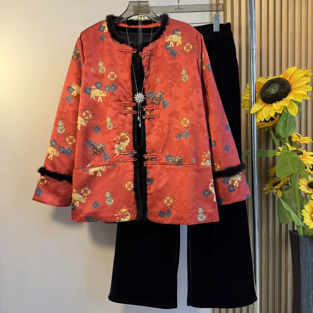 新款复古加大码加棉外套新中式改良唐装棉服宽松休闲国风毛边上衣