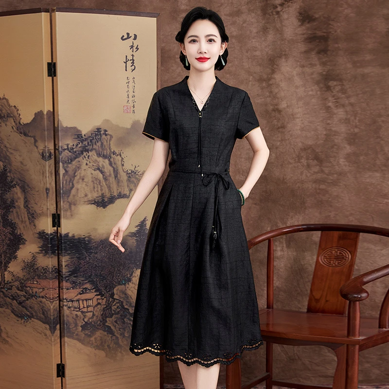 杭州真丝龟纹老料香云纱连衣裙女夏季新款国风气质收腰桑蚕丝长裙