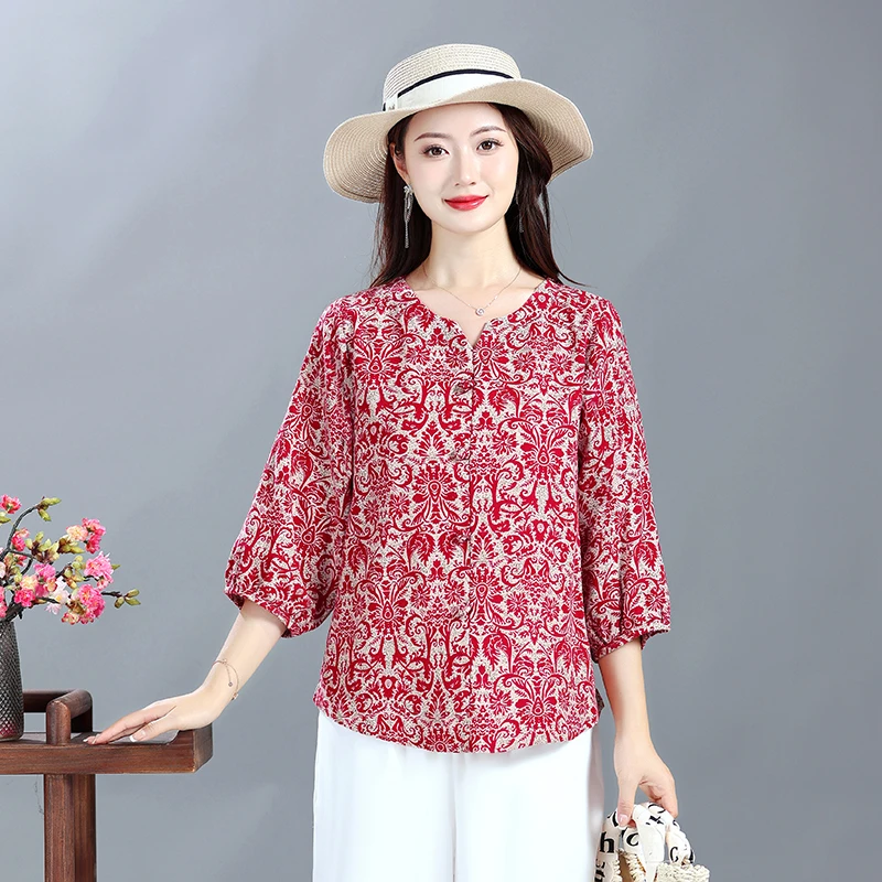 春秋棉麻上衣女装新款40到50岁七分袖套头宽松打底衫吸汗透气小衫