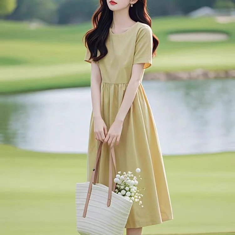 法式独特绝美洋气小个子显高黄色收腰连衣裙子女夏天2024新款