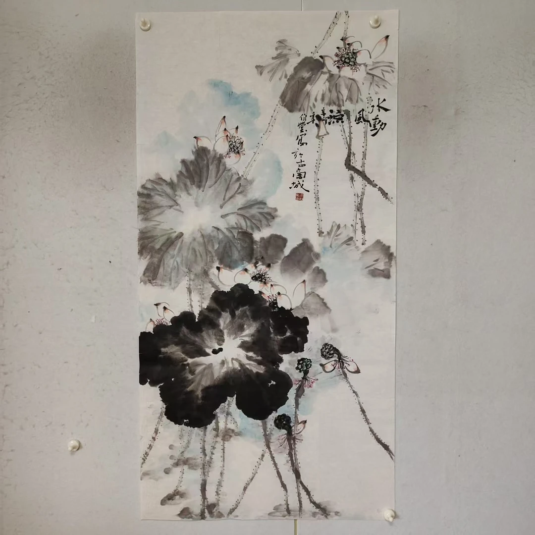 4560  多年前纯手绘老字画《荷花》中堂  尺寸 137×68