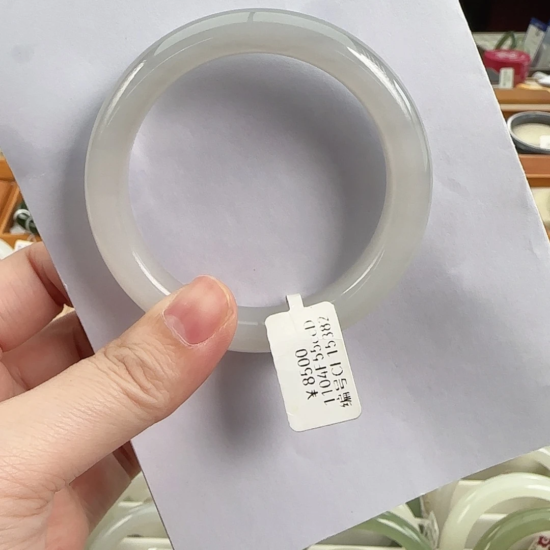 和田玉未镶嵌手镯56捡漏白底冰紫半山水