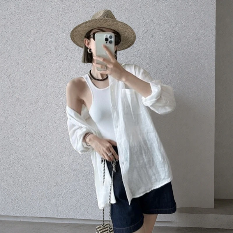 法式棉麻白色防晒衬衫女夏季宽松薄款外搭衬衣高级亚麻上衣空调衫