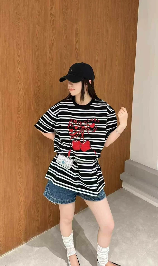2025夏季欧货减龄少女感蝴蝶结水果印花宽松大版条纹T恤潮