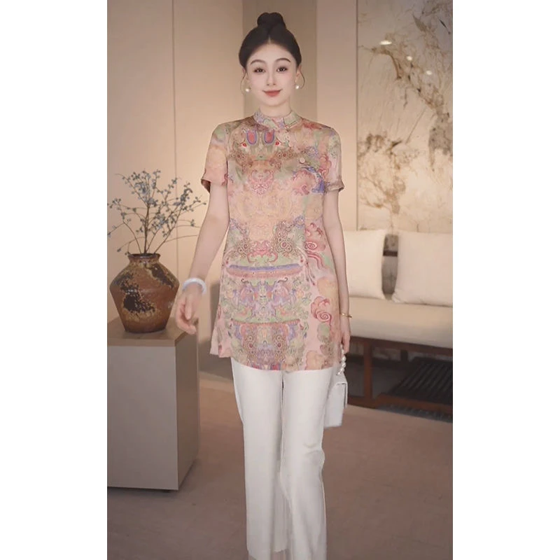 设计款小众百搭显瘦下摆开叉衬衫2025夏季新款新中式国风立领衬衣