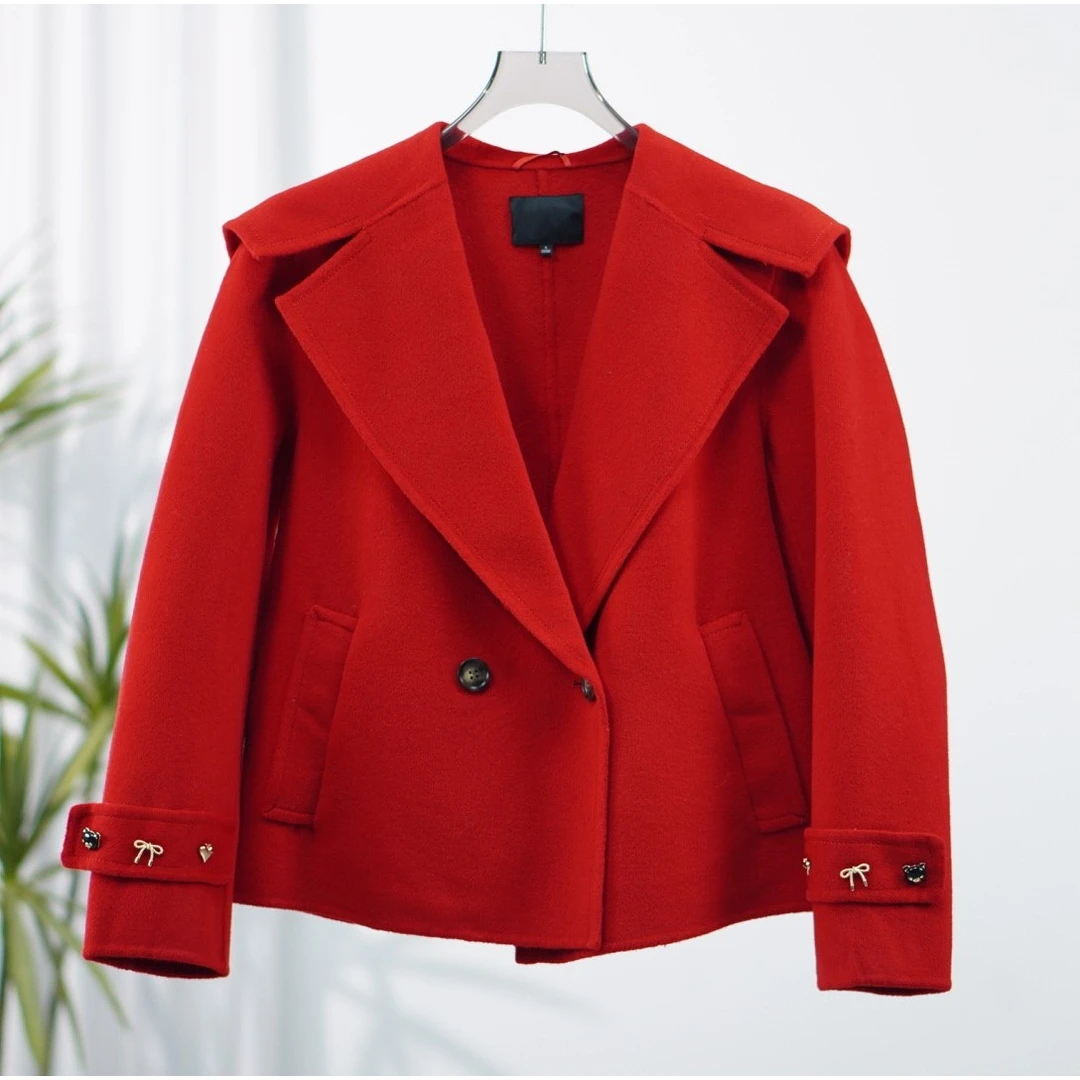 莉推荐 朗S系列  F405 女装秋冬时尚短款毛呢大衣朱红色8Q523B200