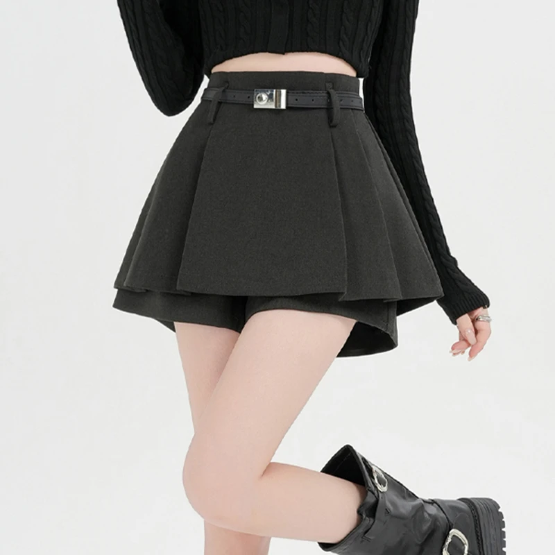 显瘦百褶裙毛呢短裙短裤黑色高腰A字时尚气质百搭外穿假两件裙裤