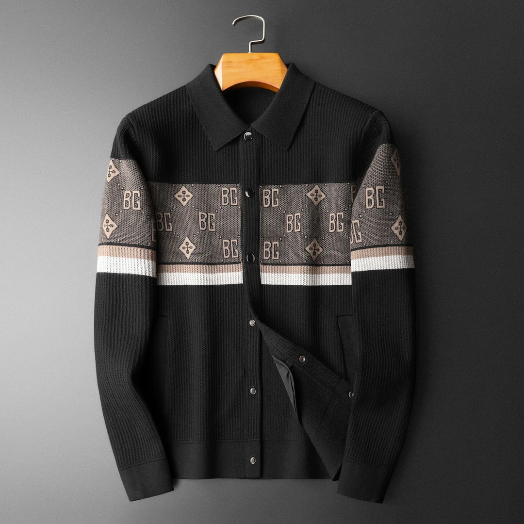 基密雷昂轻奢秋冬季男士开衫加厚拼色毛衣休闲针织衫印花翻领外套