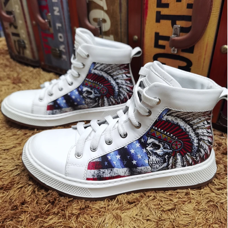 印第安风机车鞋 印花元素板鞋 真皮手工休闲靴 摩托车通勤鞋