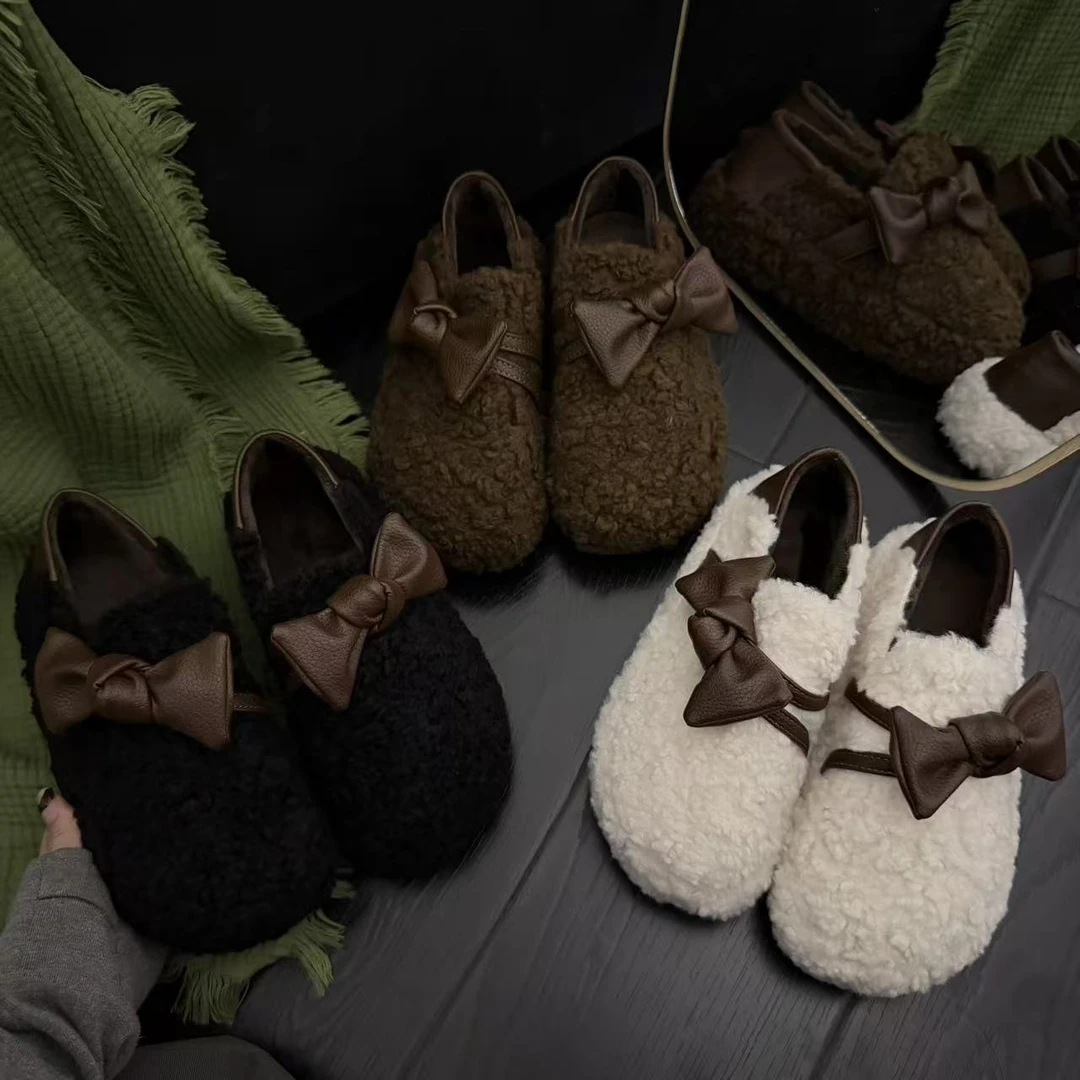 2025年冬季新款时尚百搭厚底增高小个子蝴蝶结设计款两穿毛毛鞋