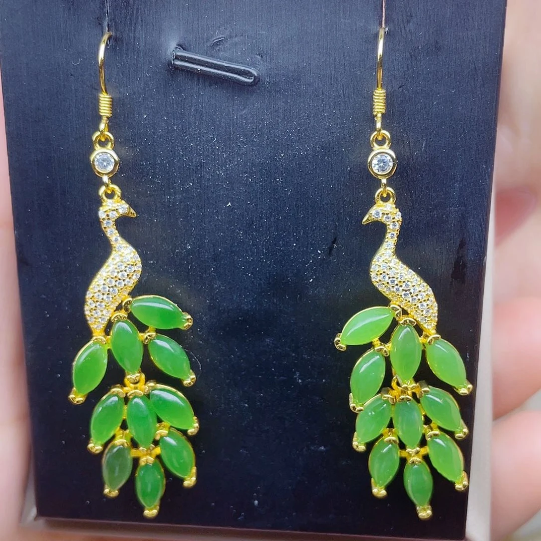 和田玉银S925镀金镶嵌耳饰